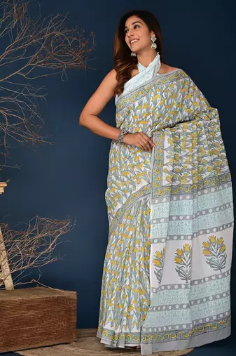 Yellow gray hand block printed cotton saree