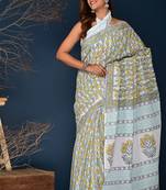 Yellow gray hand block printed cotton saree