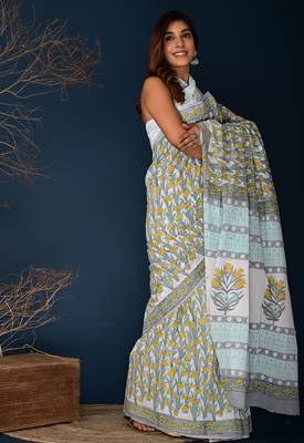 Yellow gray hand block printed cotton saree 2