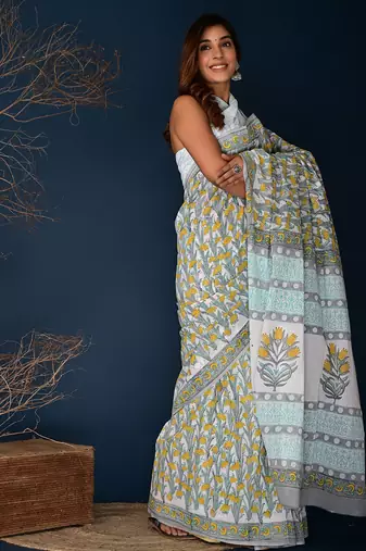 Yellow gray hand block printed cotton saree
