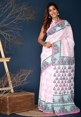 Rose pink hand block printed cotton saree 1
