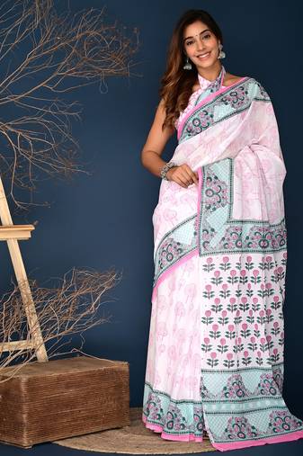 Rose pink hand block printed cotton saree