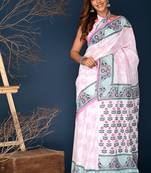 Rose pink hand block printed cotton saree
