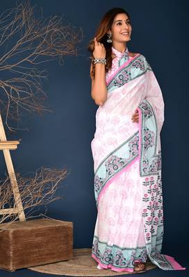 Rose pink hand block printed cotton saree 2
