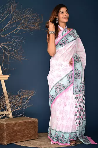 Rose pink hand block printed cotton saree
