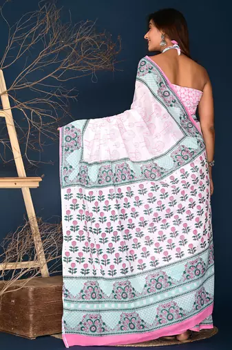 Rose pink hand block printed cotton saree