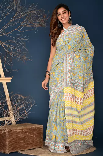 Yellow aqua blue hand block printed cotton saree