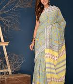 Yellow aqua blue hand block printed cotton saree