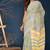 Yellow aqua blue hand block printed cotton saree
