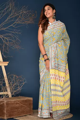 Yellow aqua blue hand block printed cotton saree