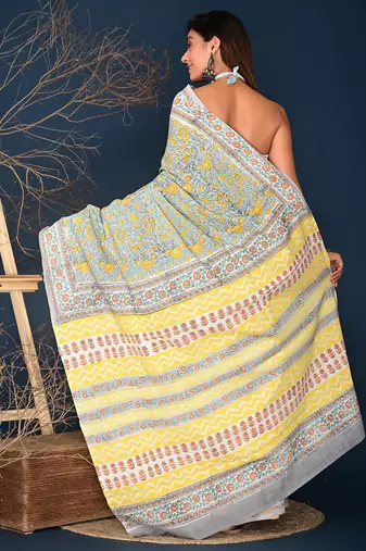 Yellow aqua blue hand block printed cotton saree