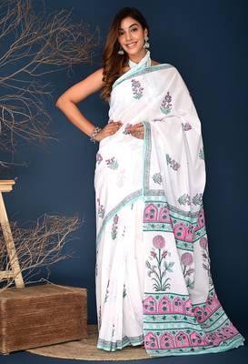 Pink aqua blue mughal buta hand block printed cotton saree 1