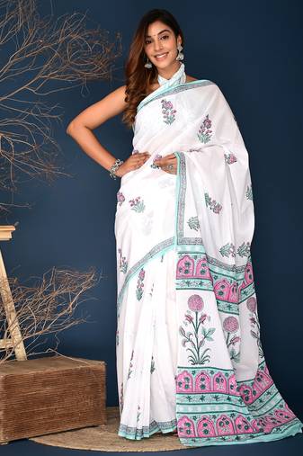 Pink aqua blue mughal buta hand block printed cotton saree