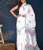 Pink aqua blue mughal buta hand block printed cotton saree