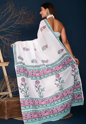 Pink aqua blue mughal buta hand block printed cotton saree 3