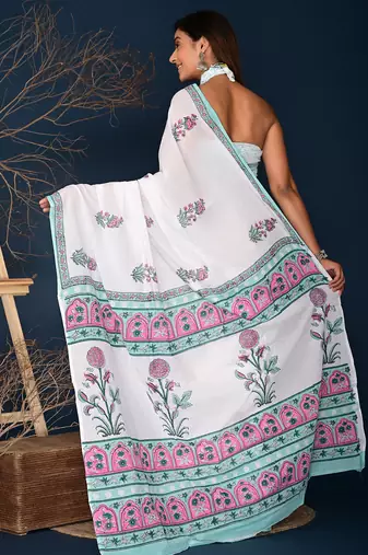 Pink aqua blue mughal buta hand block printed cotton saree