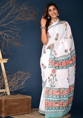 Orange aqua blue buta hand block printed cotton saree 1