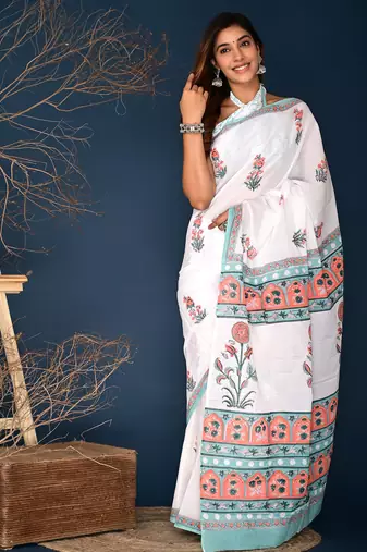 Orange aqua blue buta hand block printed cotton saree