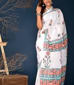 Orange aqua blue buta hand block printed cotton saree