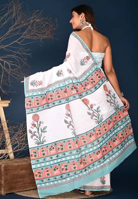 Orange aqua blue buta hand block printed cotton saree 3