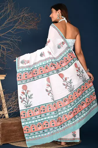 Orange aqua blue buta hand block printed cotton saree