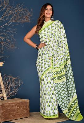 Lemon yellow block printed cotton saree 1
