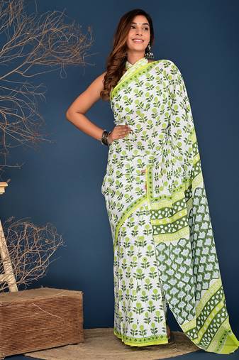 Lemon yellow block printed cotton saree