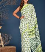 Lemon yellow block printed cotton saree