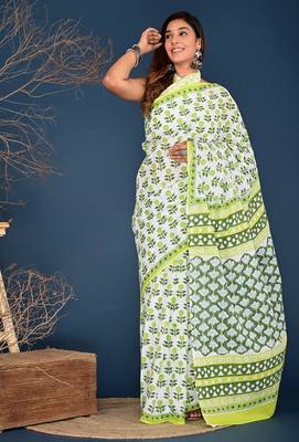 Lemon yellow block printed cotton saree 2