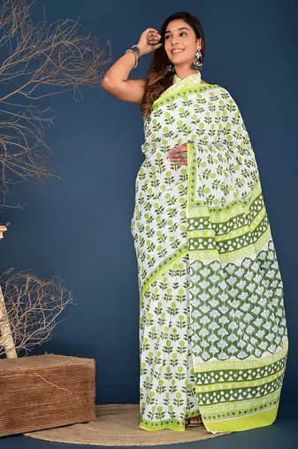 Lemon yellow block printed cotton saree