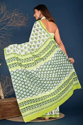 Lemon yellow block printed cotton saree