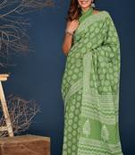 Mint green hand block printed cotton saree