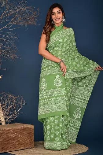 Mint green hand block printed cotton saree