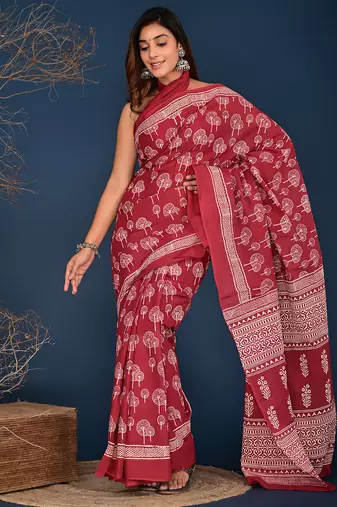 Cherry red hand  block printed cotton saree