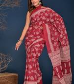 Cherry red hand  block printed cotton saree