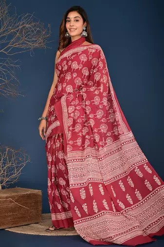 Cherry red hand  block printed cotton saree