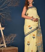 orange genda block printed cotton saree
