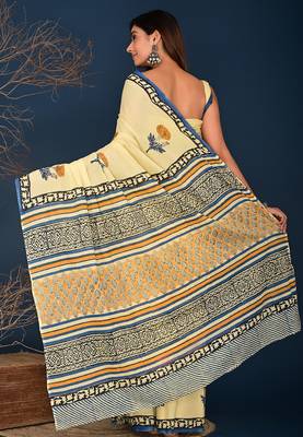 orange genda block printed cotton saree 2
