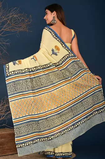 orange genda block printed cotton saree