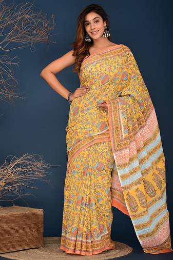 Yellow hand block printed cotton saree