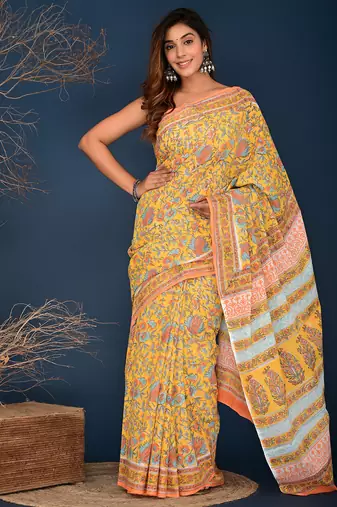 Yellow hand block printed cotton saree