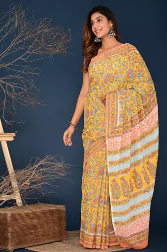 Yellow hand block printed cotton saree