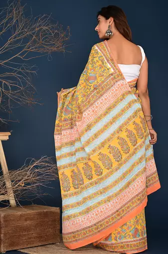 Yellow hand block printed cotton saree
