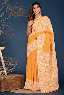 Orange hand block printed cotton saree 1