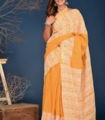 Orange hand block printed cotton saree