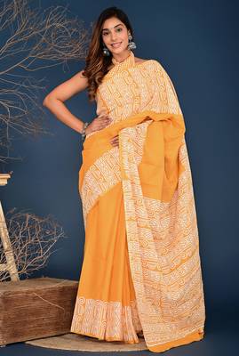 Orange hand block printed cotton saree 2