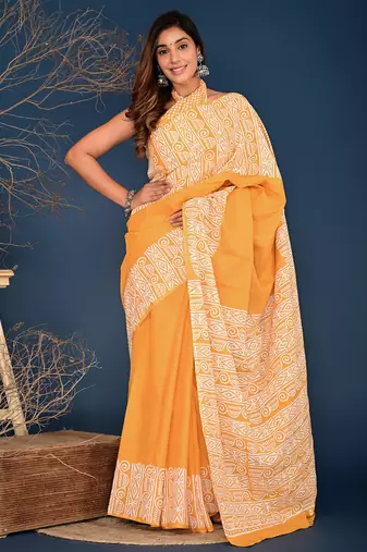 Orange hand block printed cotton saree