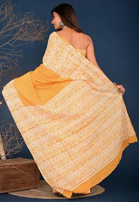 Orange hand block printed cotton saree 3