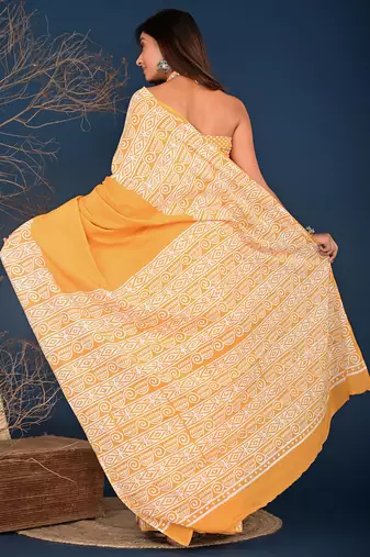 Orange hand block printed cotton saree