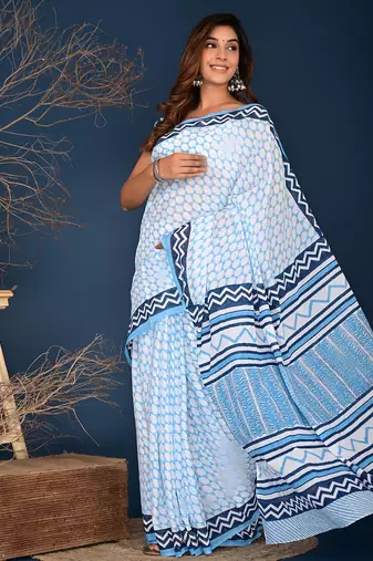 Aqua blue hand block printed cotton saree